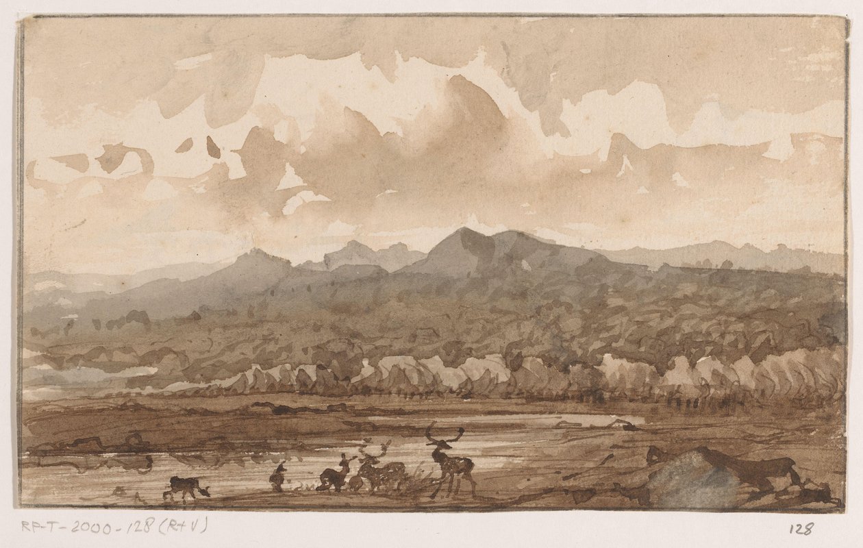 Mountain Landscape with Deer by Johannes Tavenraat (signed by artist)