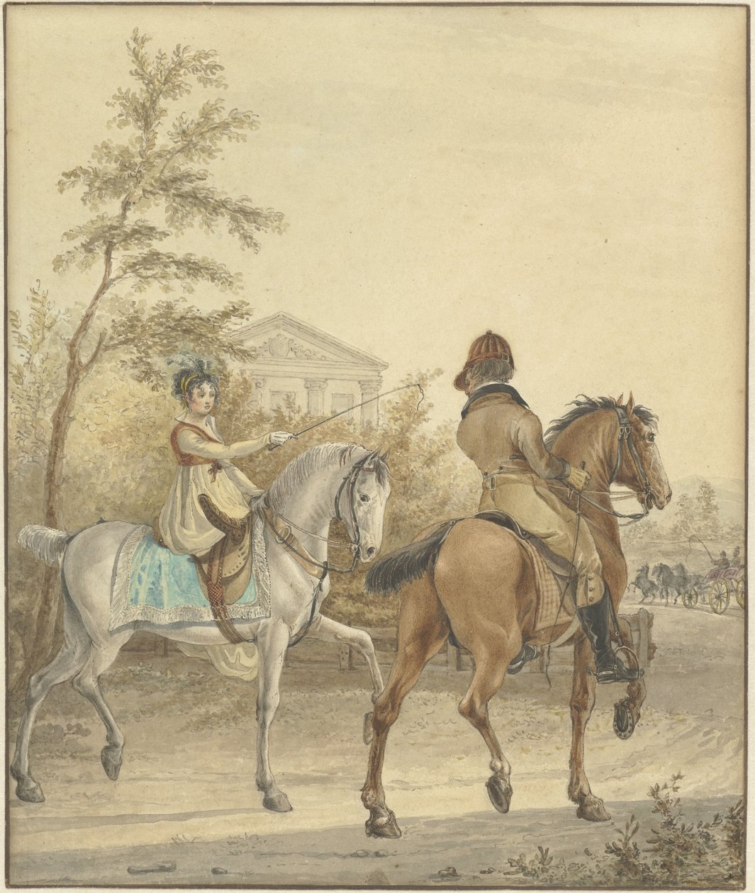 Man and Woman on Horseback on a Country Road by Johannes Vinkeles