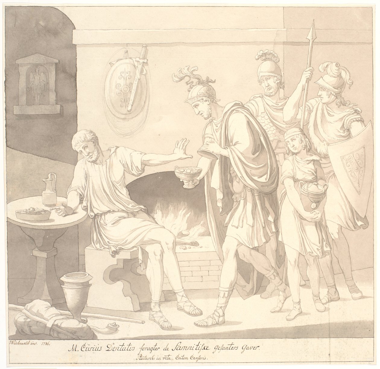 M. Curius Dantatus Scorns the Gifts of the Samnite Envoys. Plutarch: in vita. Cato the Censor. by Johannes Wiedewelt