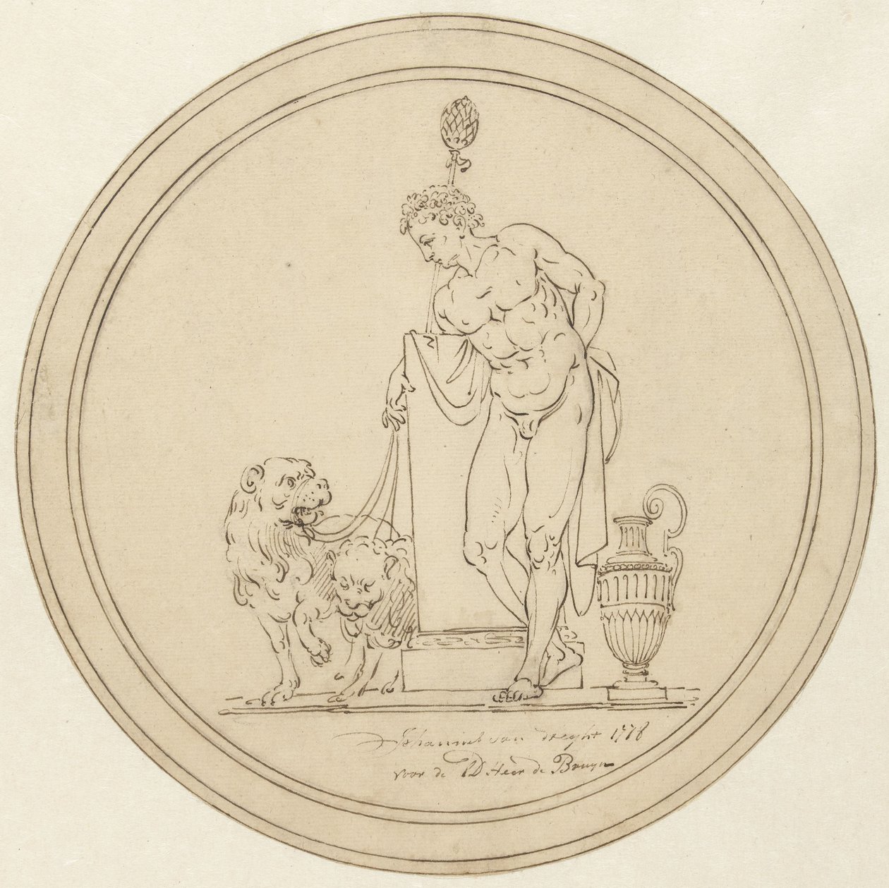 Allegorical Male Figure Standing with Two Lions by Johannes van Dregt