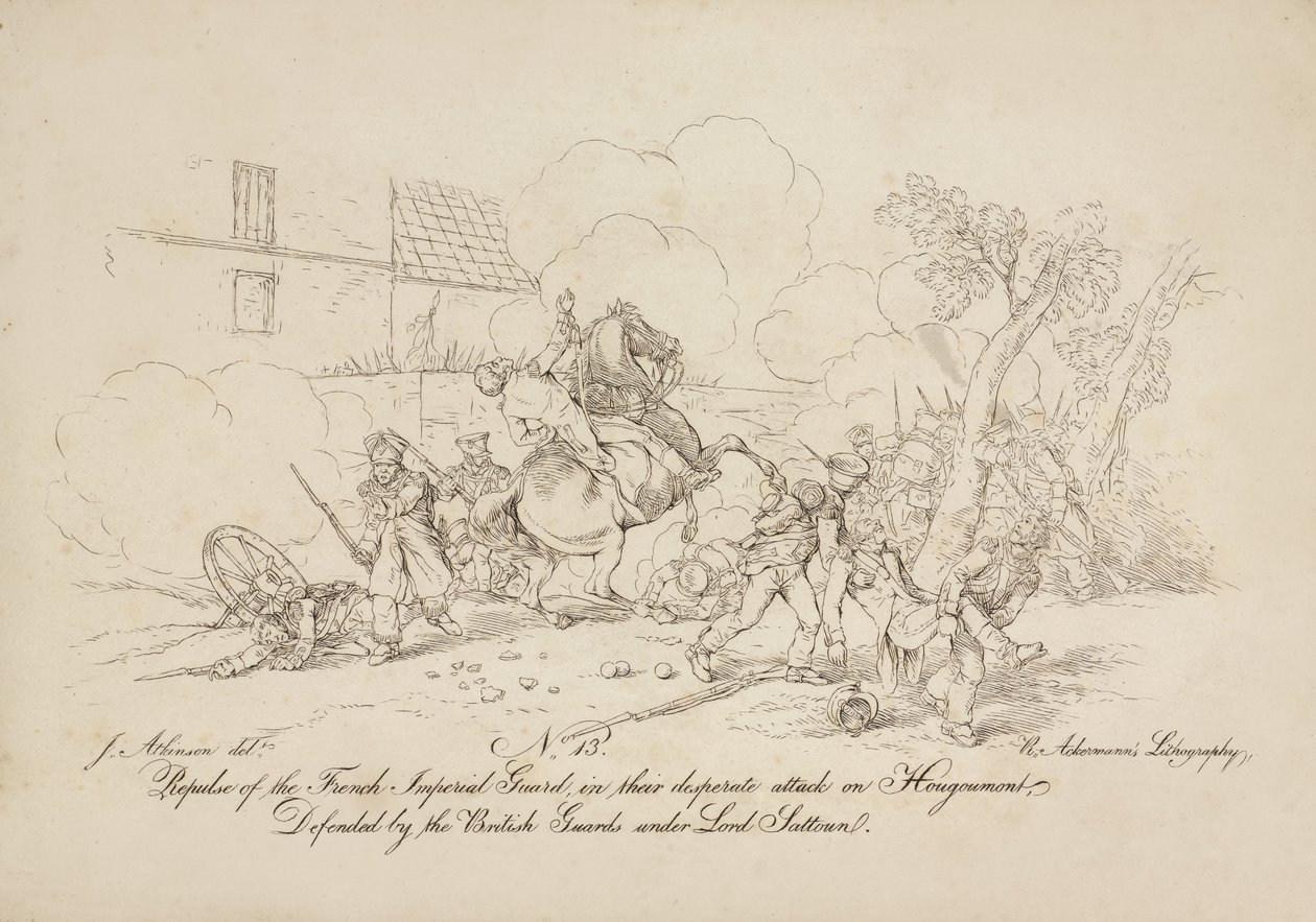 Repulse of the French Imperial Guard, in their desperate attack on Hougoumont, defended by the British guards under Lord Saltoun, lithograph by R. Ackermann, 1815 by John Augustus Atkinson