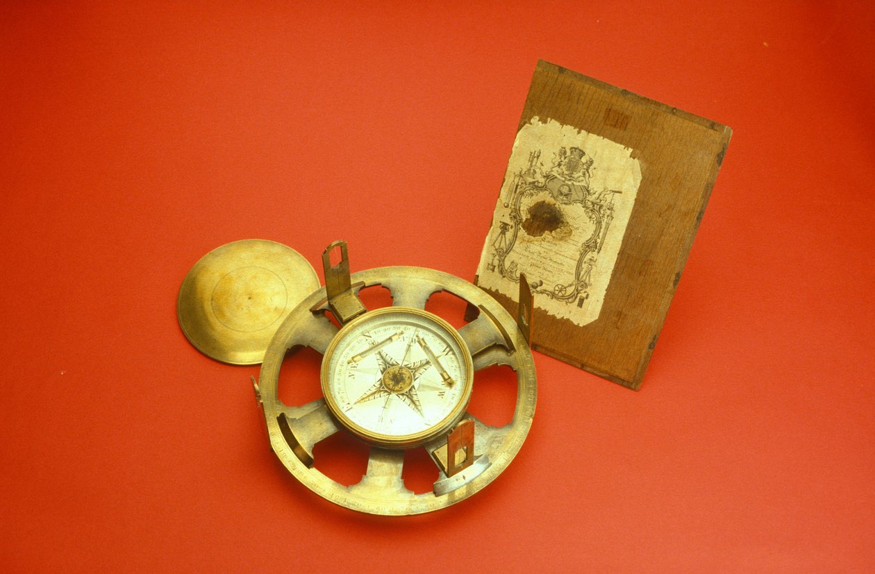 Plain theodolite with trade card on inside of case lid, c.1780 by John Bennett