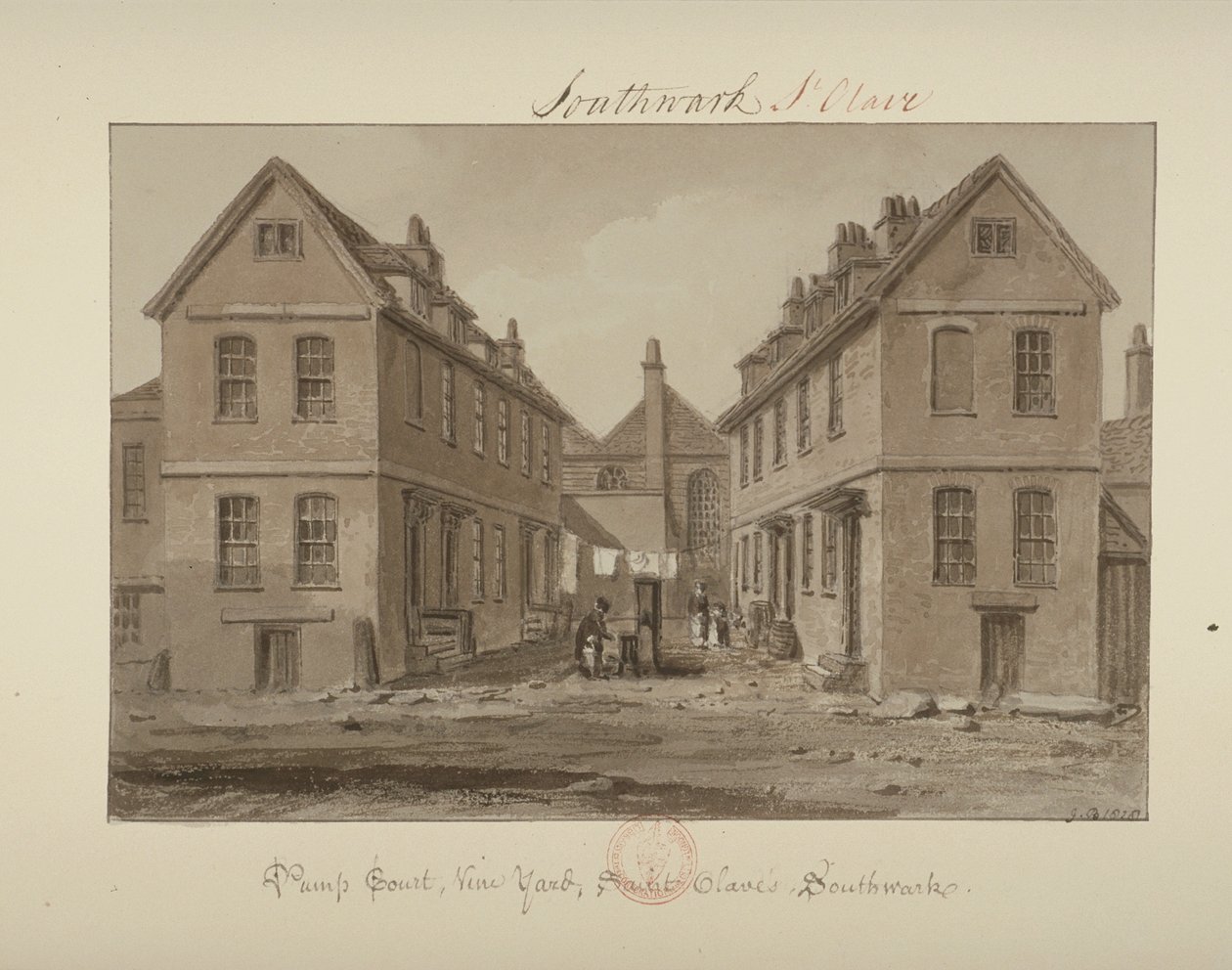 View of a figure collecting water in Pump Court, Vine Yard, Bermondsey, 1828 by John Chessell Buckler