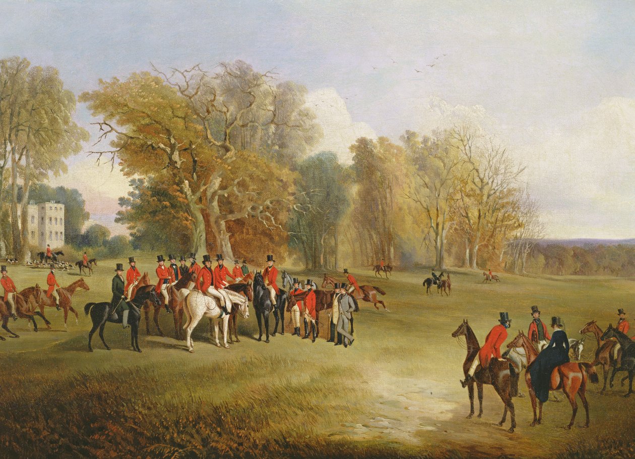 A hunt meet in a parkland with a country house by John Dalby