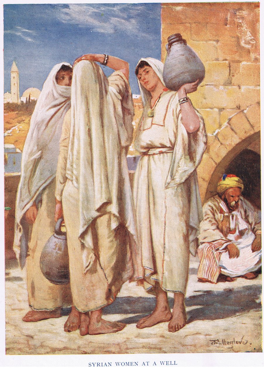 Three Syrian women carrying water pitchers by John Fulleylove