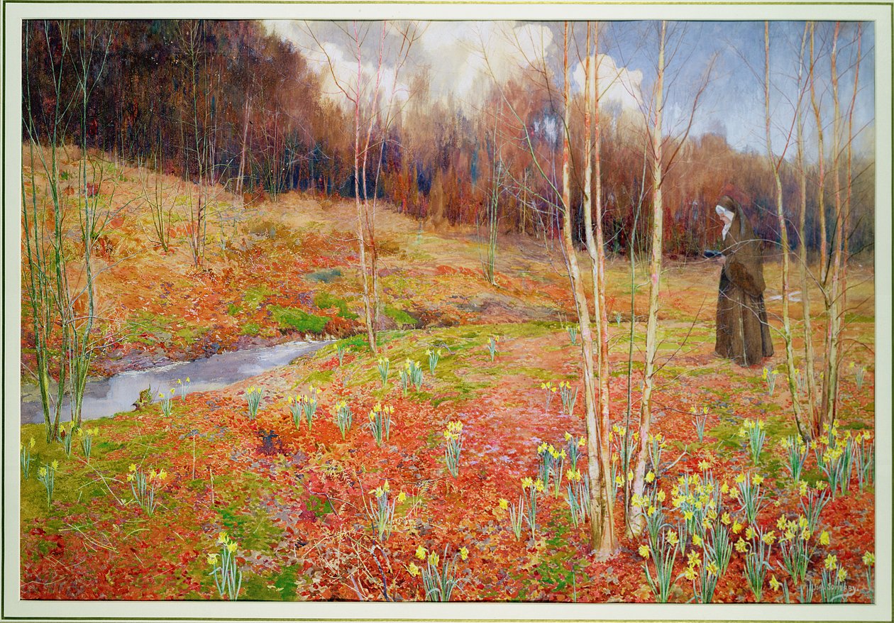 A Landscape in Spring, with a Nun Walking Among Daffodils by John George Sowerby