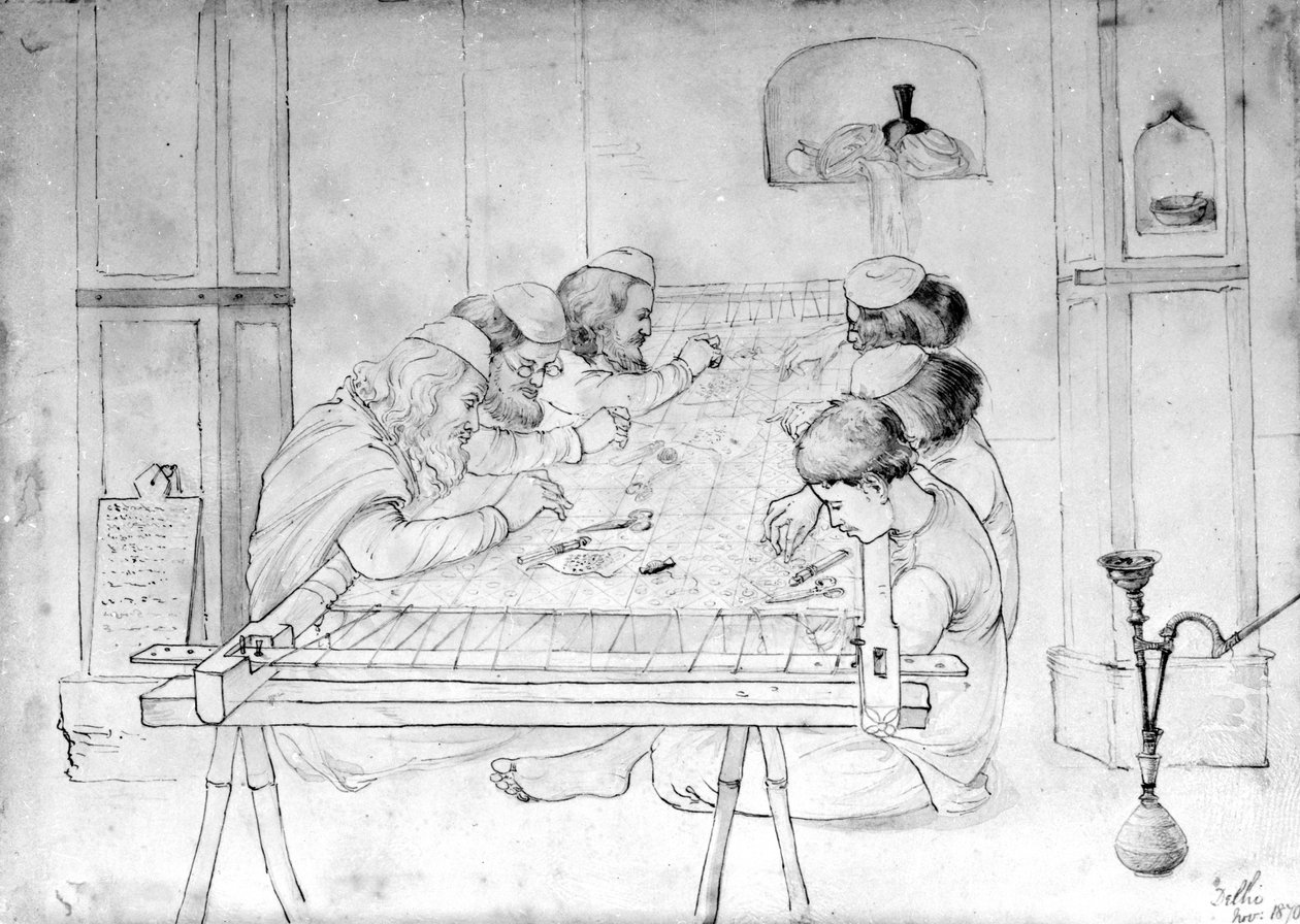 Men working at an embroidery frame by John Lockwood Kipling