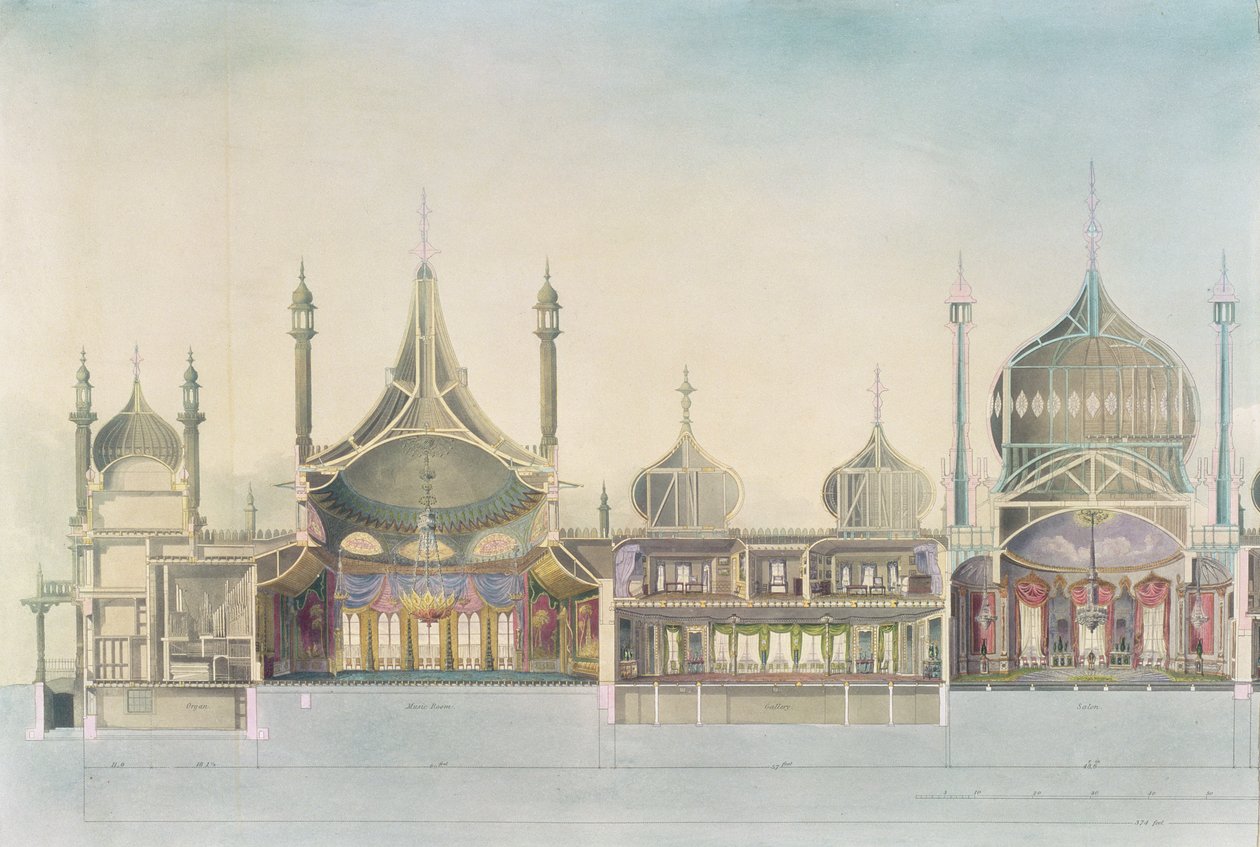 Longitudinal Section (L to R) Organ, Music Room, Gallery, Salon, Banqueting Room, Pages Room, Kitchen from Views of the Royal Pavilion, Brighton, by John Nash by John Nash