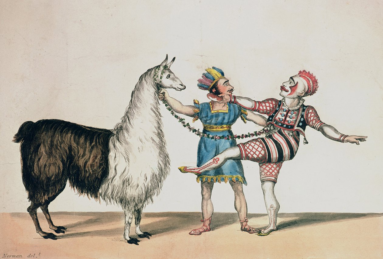 Grimaldi and the Alpaca, in the Popular Pantomime of the Red Dwarf, pub. 1813 in London by John Norman