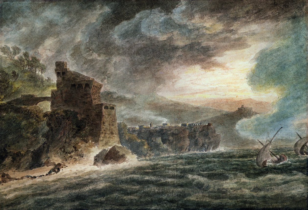 Near Cetara, with Vietri and the Castle of Salerno in the distance by John Robert Cozens