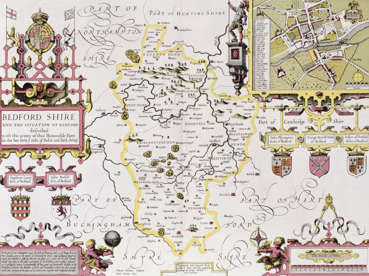 Bedfordshire and the Situation of Bedford, Engraved by Jodocus Hondius from John Speed
