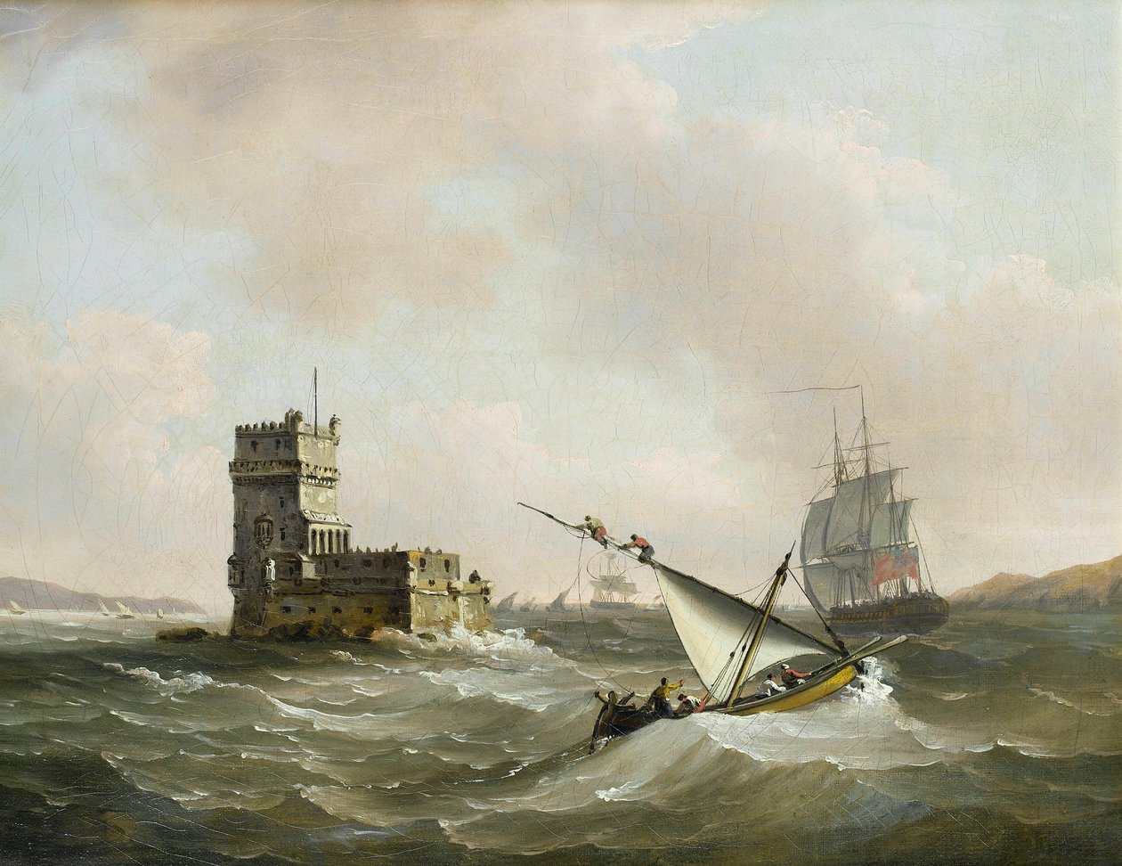 An English Frigate in Choppy Waters in the Tagus Passing the Belem Tower by John Thomas Serres