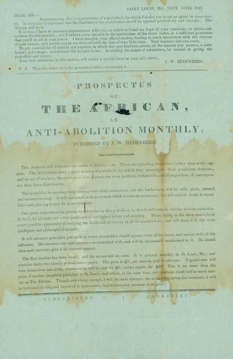 Circular is addressed to the sheriff of Lexington by John W. Hedenberg