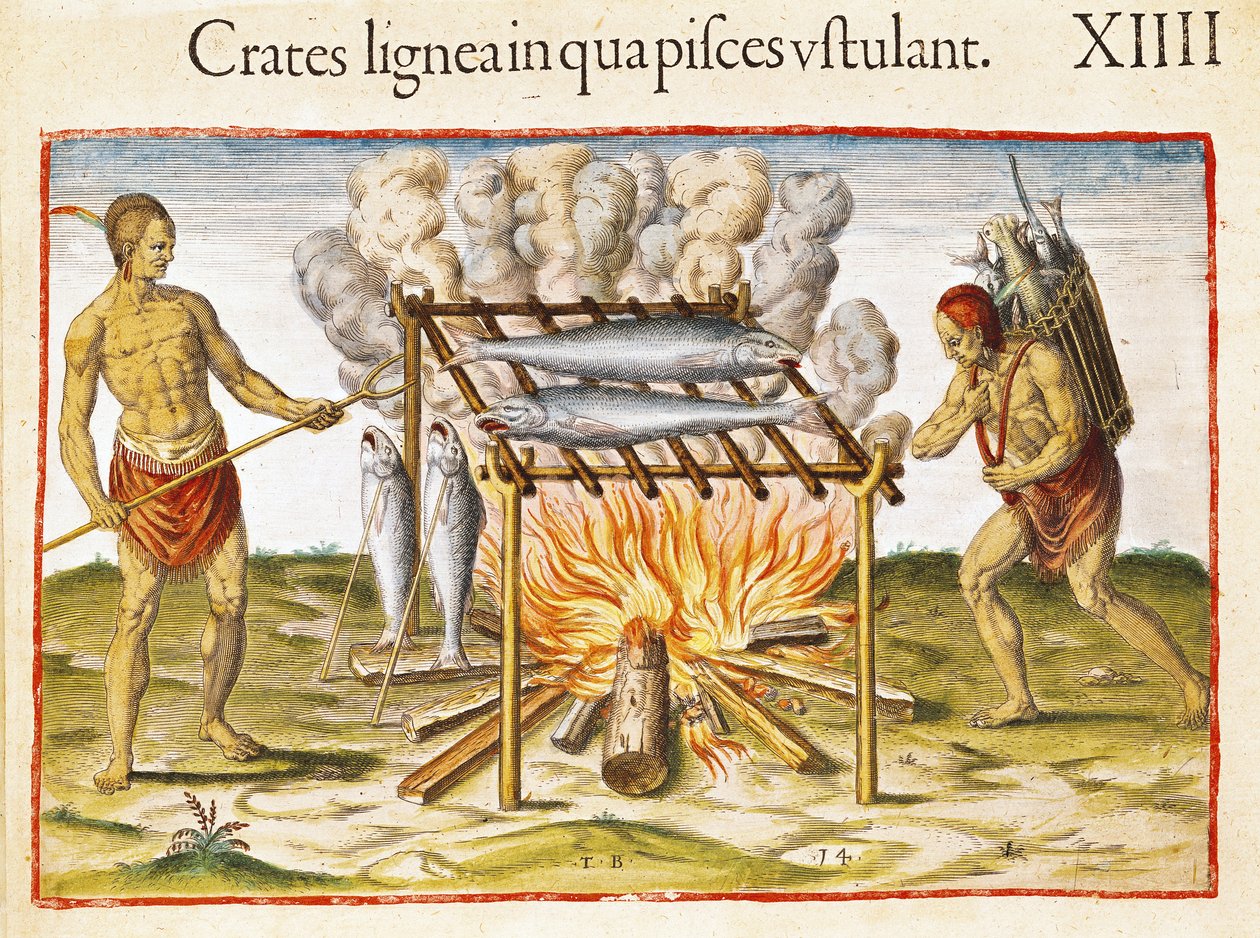 Cooking Fish, from Admiranda Narratio, engraved by Theodore de Bry by John White