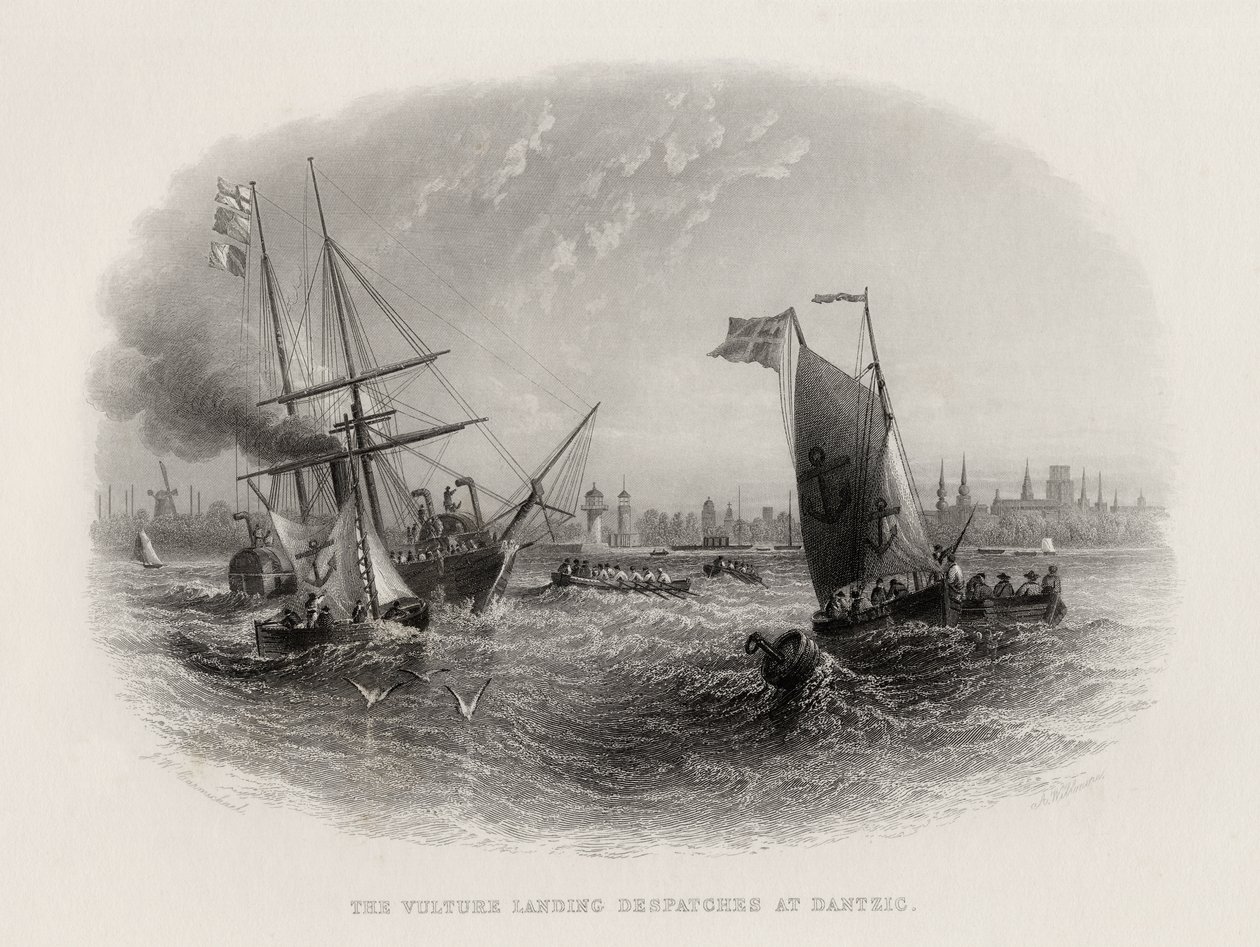 The Vulture landing dispatches at Dantzig, engraved by Arthur Willmore by John Wilson Carmichael