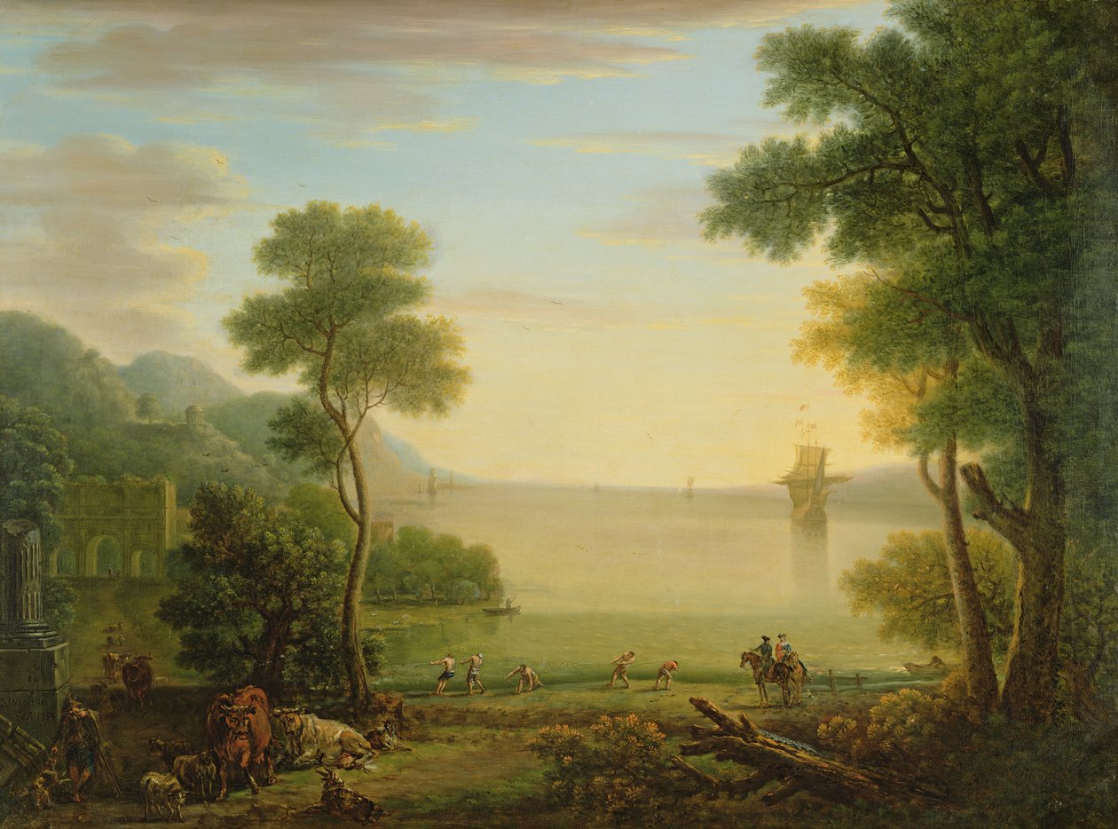 Classical landscape with figures and animals, Sunset, 1754 by John Wootton