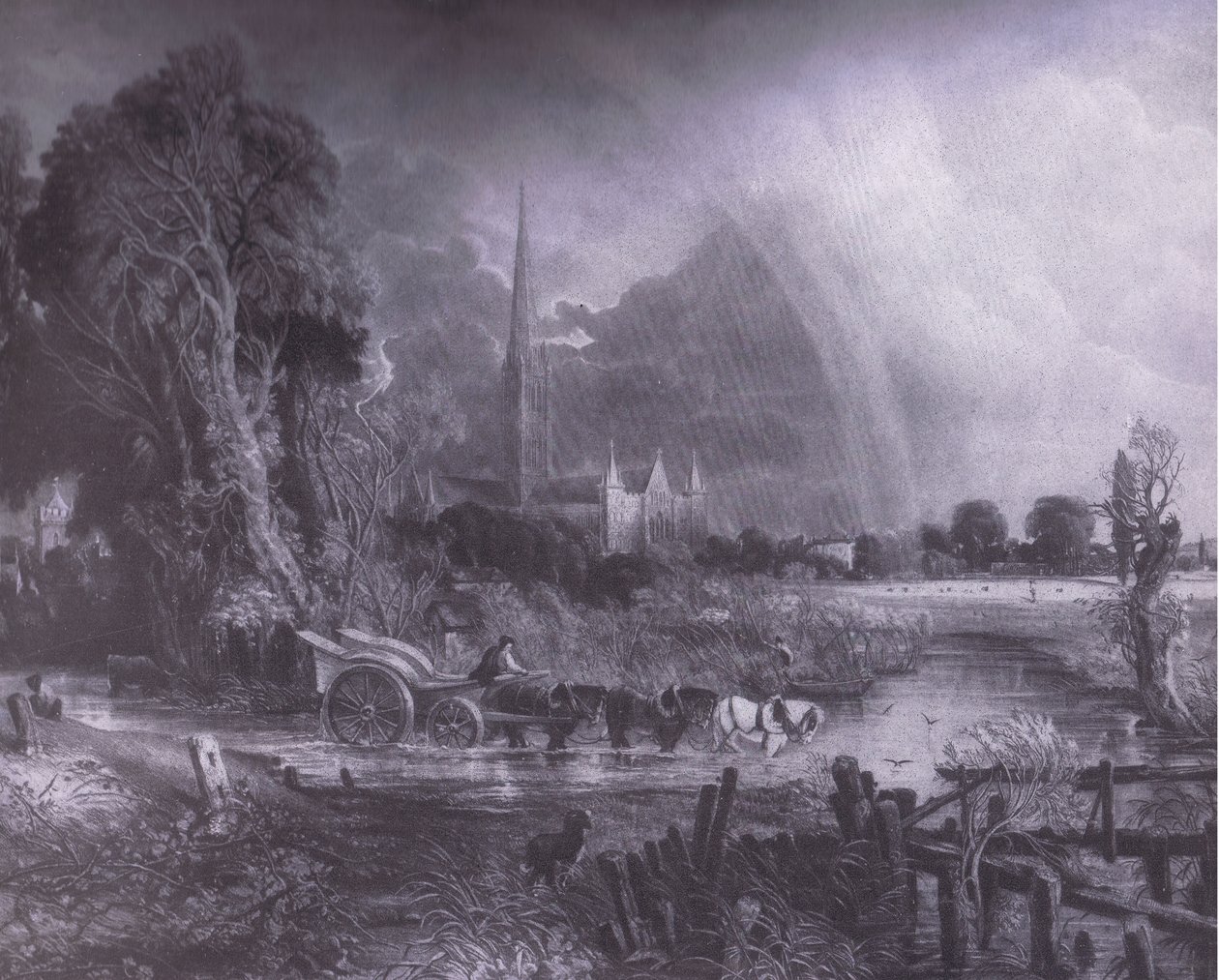 Salisbury Cathedral from the meadows, Bibbys Annual by John (after) Constable