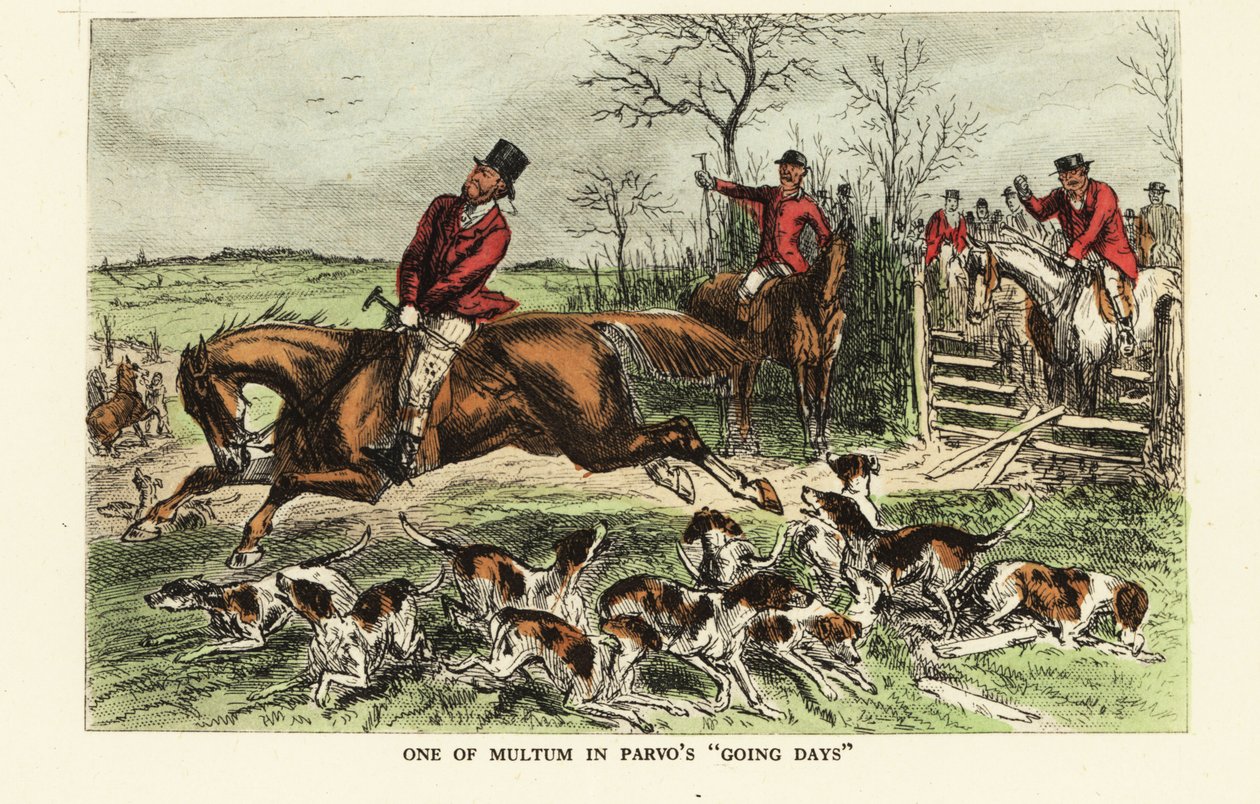 A horse bolts through a gate during a foxhunt by John (after) Leech