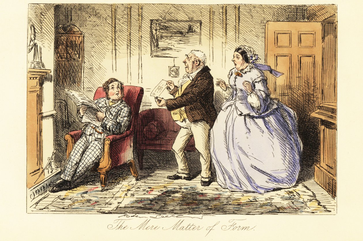 English gentleman lounging in a parlour in front of the fireplace with his outraged parents by John (after) Leech