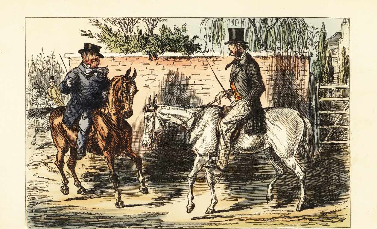 English gentleman on an old nag rejected by a man on a bay horse by John (after) Leech