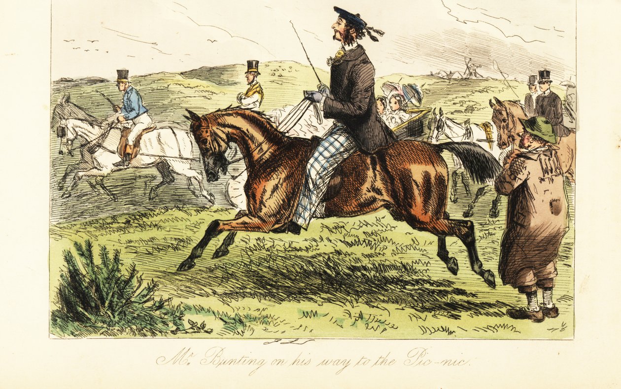 English gentleman with whiskers in tam o’shanter cap riding a horse on his way to a picnic in the country by John (after) Leech