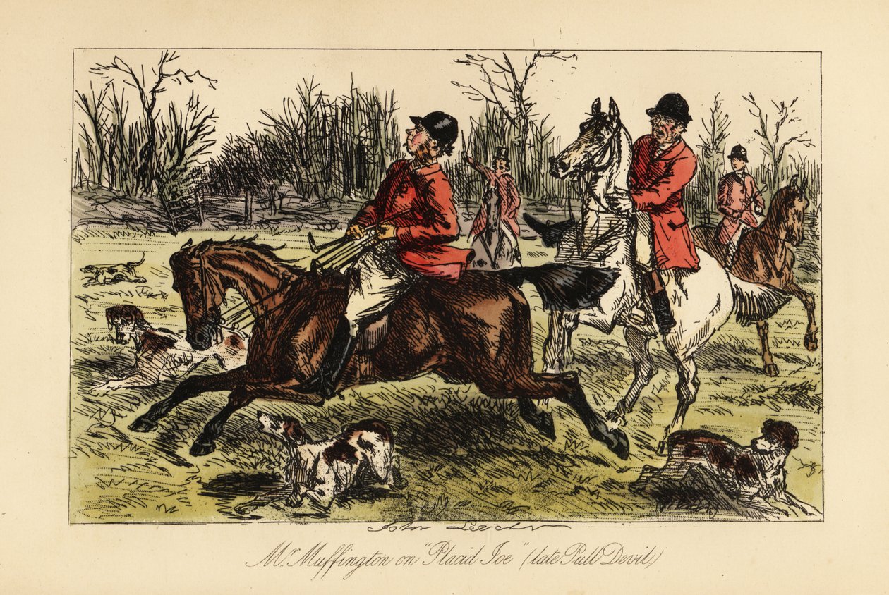 English huntsman dragged in the middle of the hounds by his headstrong horse by John (after) Leech