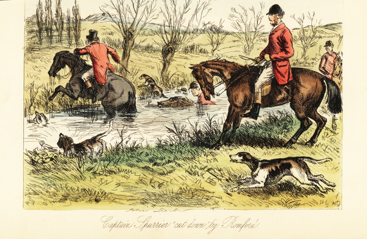 English Huntsman Fording a River with Fox Hounds by John (after) Leech