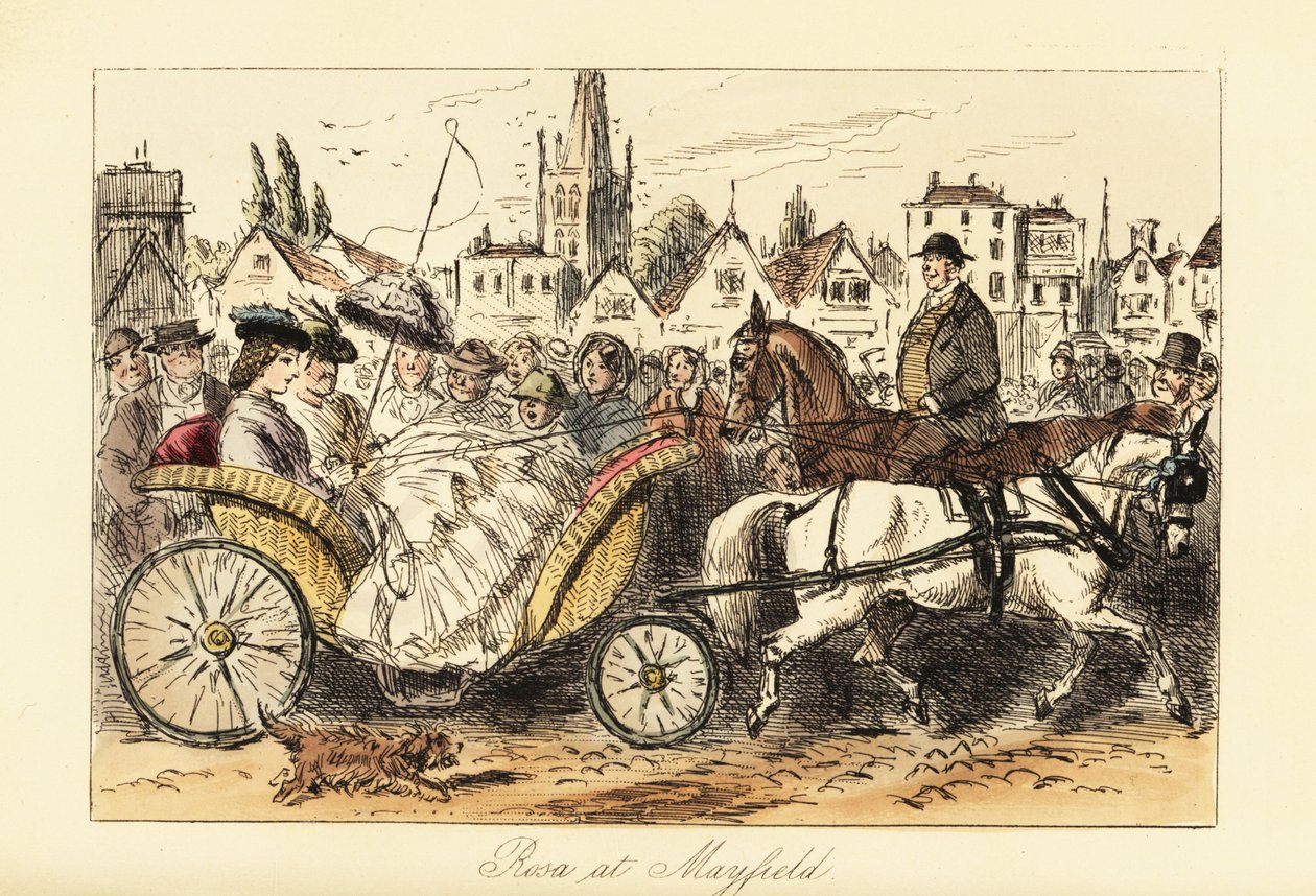 English lady in crinoline dress with parasol driving a pony-drawn basket-carriage through the busy streets of a small town by John (after) Leech
