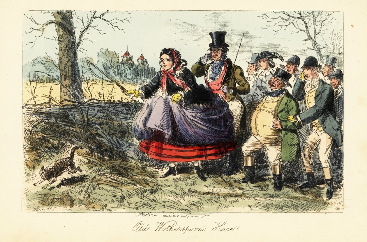 English woman in crinoline skirt trying to catch a cat during a hare hunt by John (after) Leech