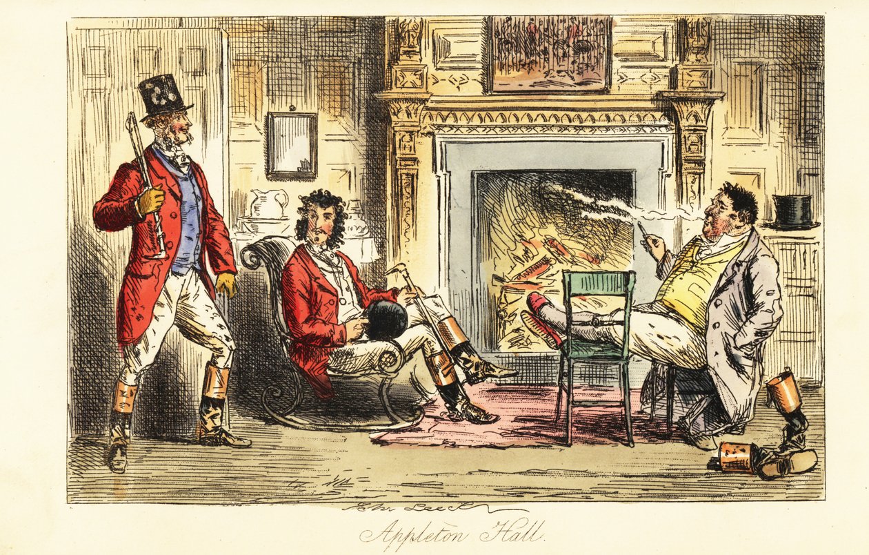 Fox hunters relaxing before a fire in a grand mansion after a hunt by John (after) Leech