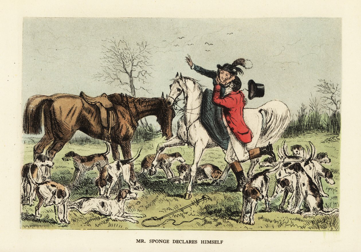 Huntsman in hunting pinks embracing a woman on a horse by John (after) Leech