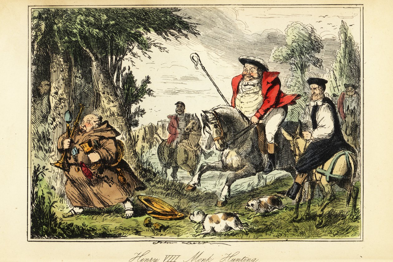 King Henry VIII in Victorian Hunting Outfit with a Shepherd’s Crook on Horseback Chasing a Catholic Monk Fleeing with the Church Gold by John (after) Leech