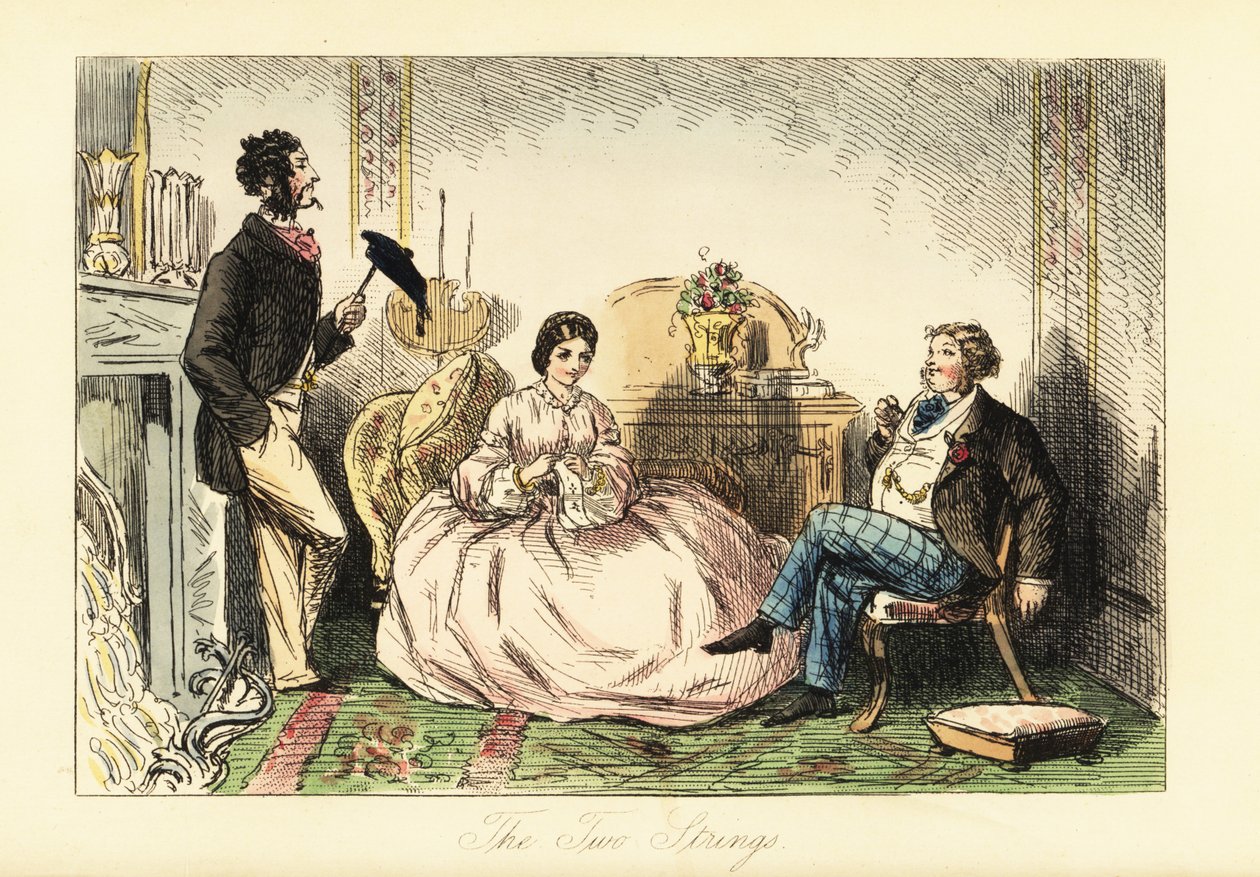 Lady in Crinoline Dress with Two Gentlemen Callers in a Parlour by John (after) Leech