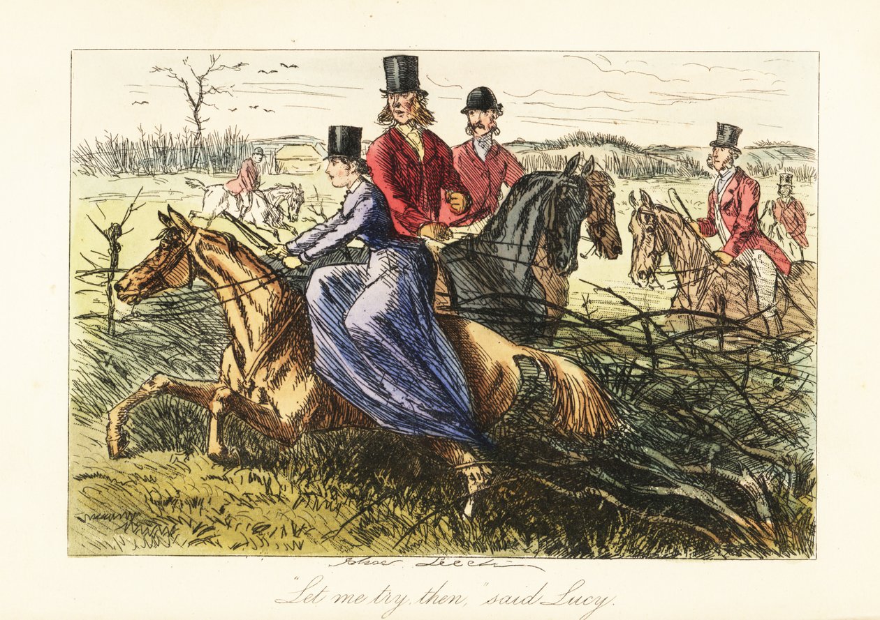 Lady riding side-saddle on a horse stuck in a fence during a fox hunt by John (after) Leech