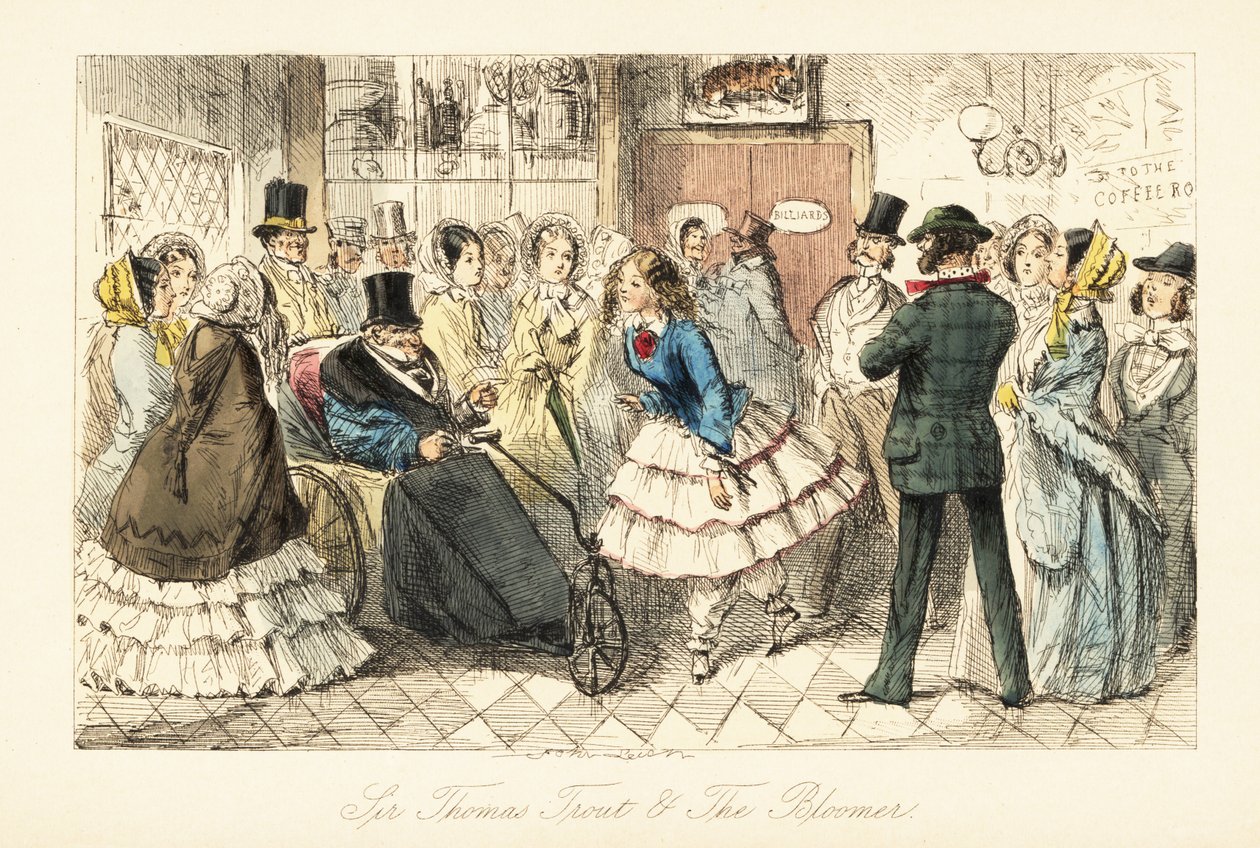 Old gentleman with gout in an invalid chair talking with a young woman in bloomers by John (after) Leech