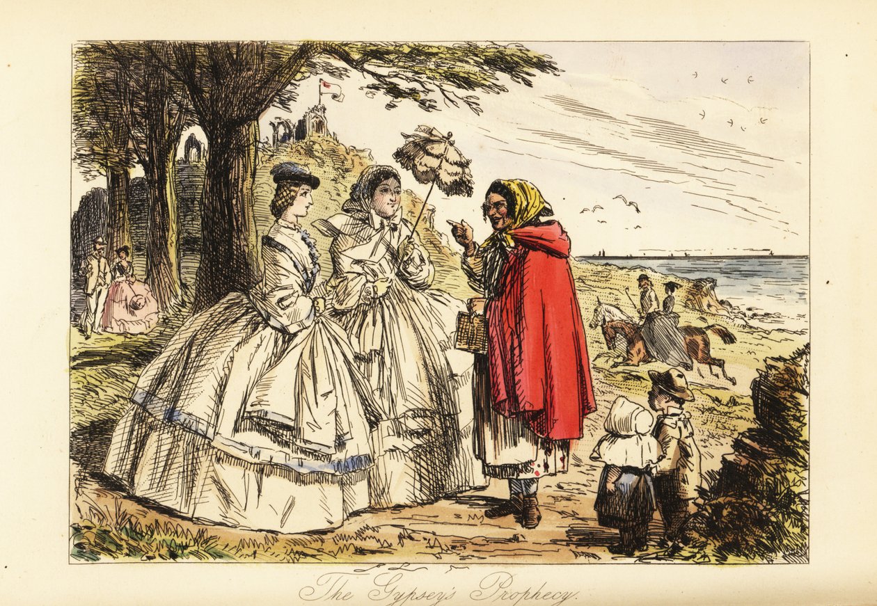 Rosa McDermott and her mother hearing a prophecy from a Romany woman fortune-teller during a walk by John (after) Leech