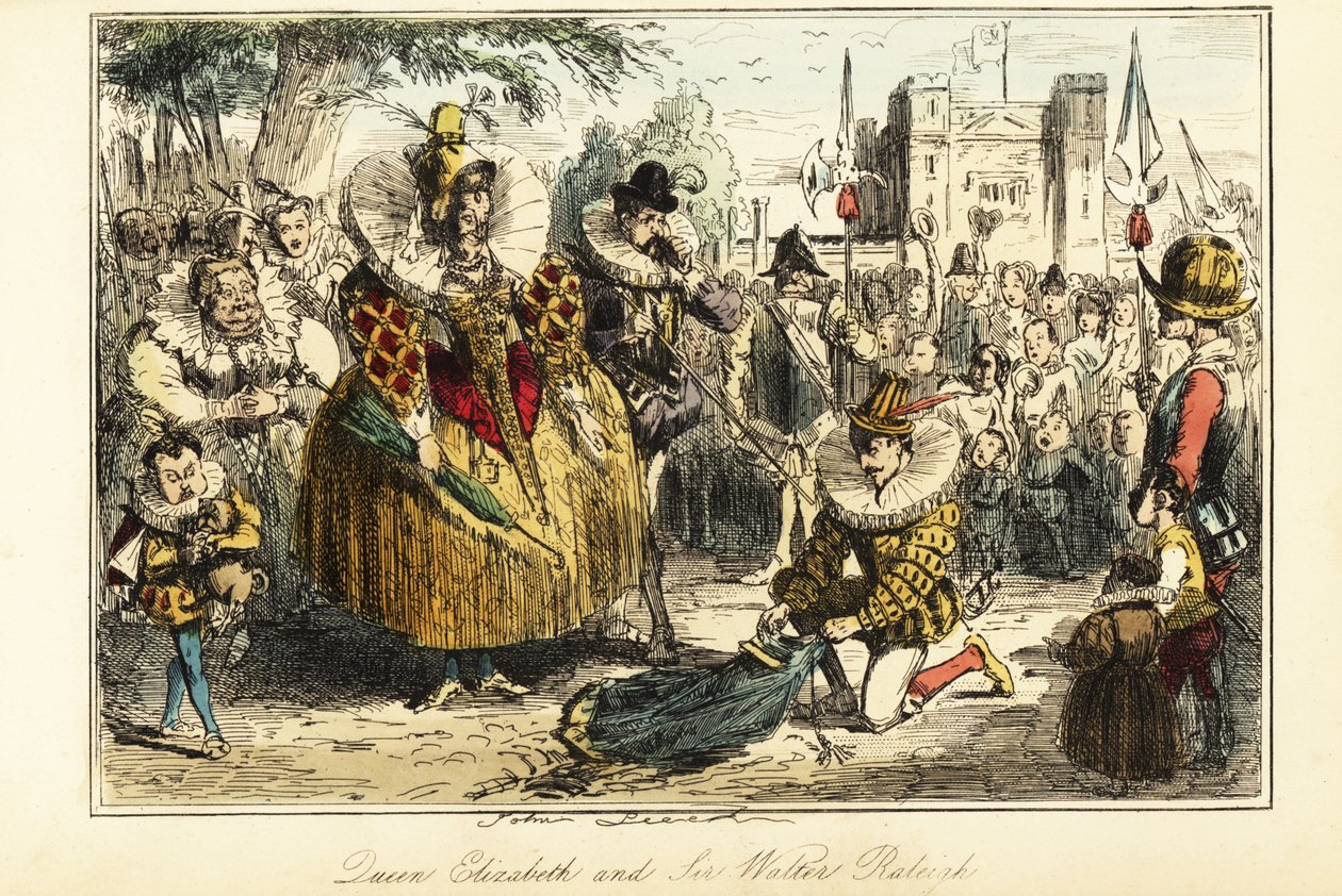 Sir Walter Raleigh laying his cape over a puddle for Queen Elizabeth I at Greenwich by John (after) Leech
