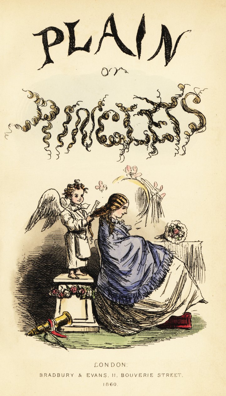 Title page with calligraphic title and vignette of winged cherub hairdresser brushing a girl