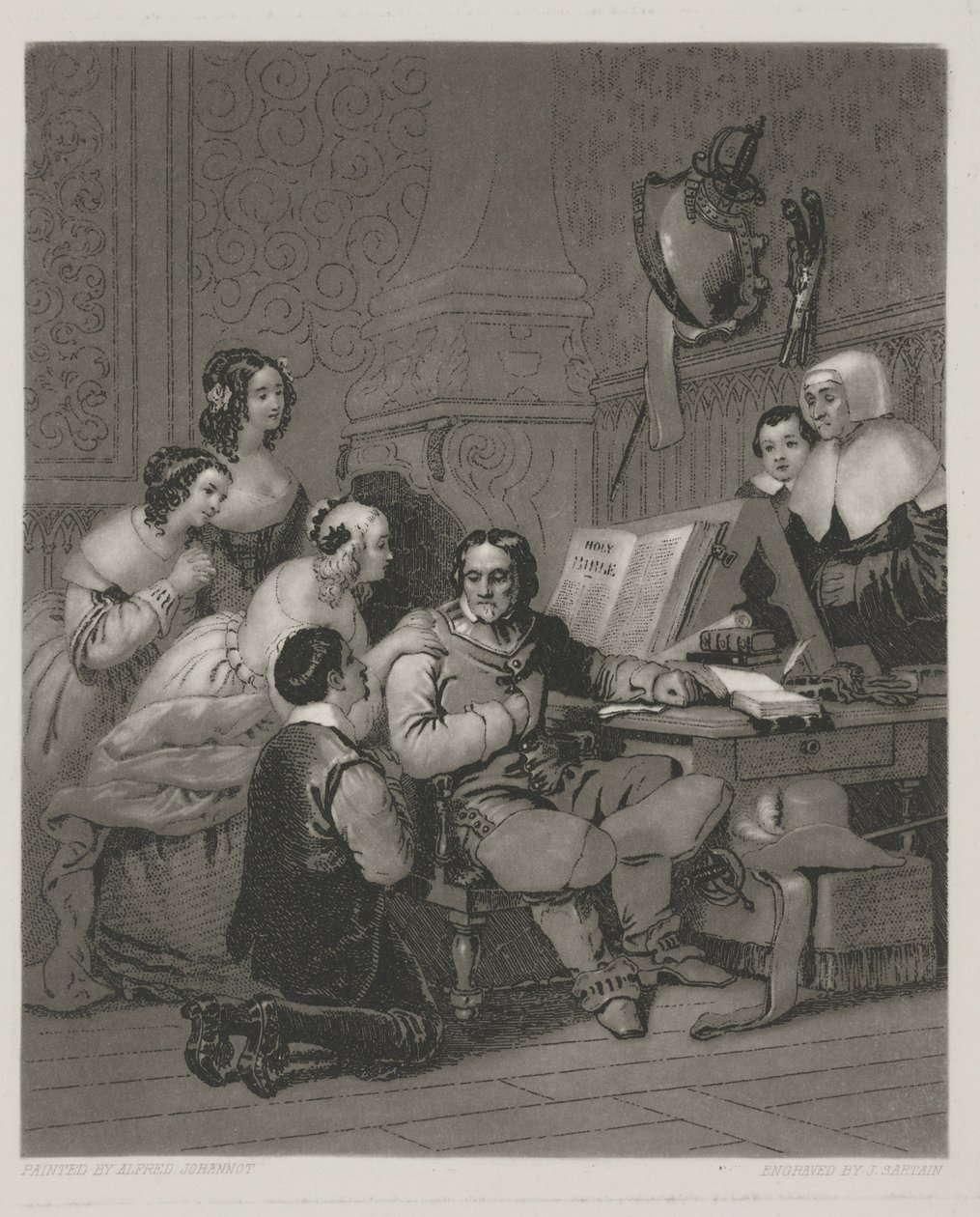 The Family of Cromwell Interceding for The Life of Charles I, print made by Alfred Johannot by John (after) Sartain