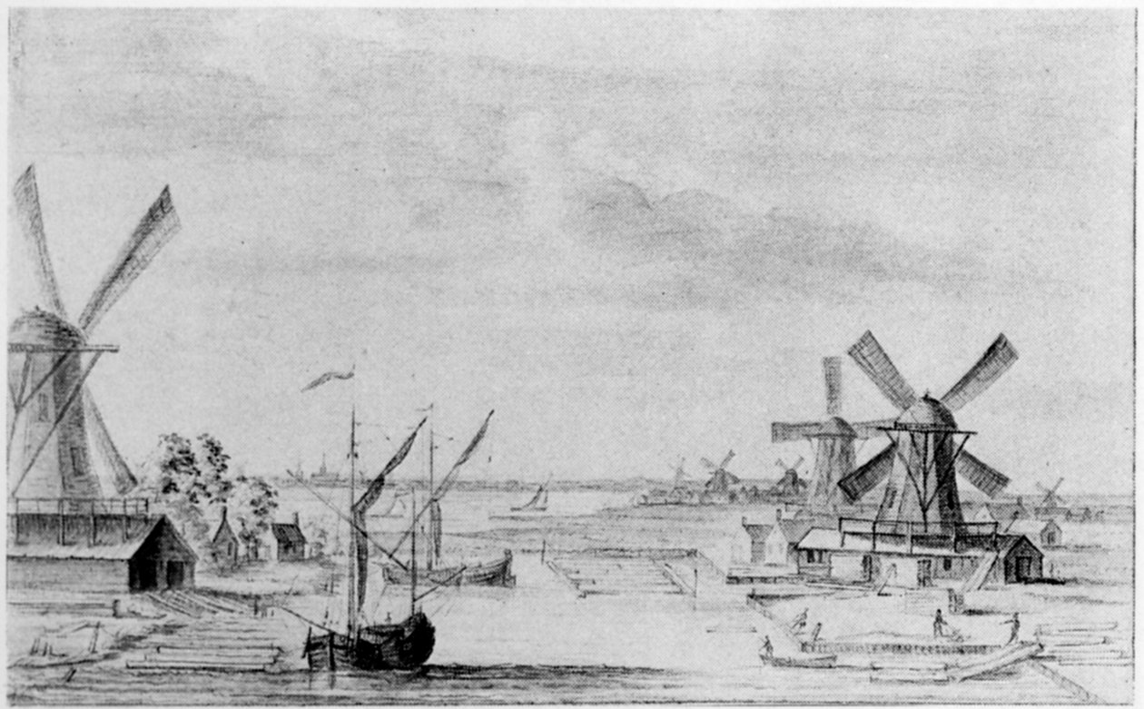 A view of the woodsawing mills at the Zaan, the city of Zaandam beyond by John (attr. to) Greenwood