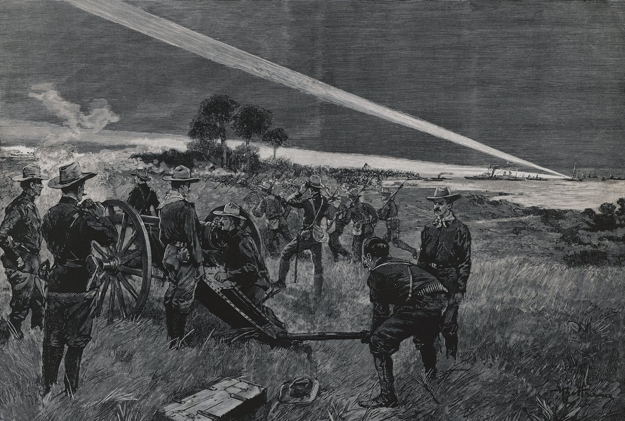 American troops landing in Daiquiri bay, artillery opening fire, June 24 by Walter Charles Mills