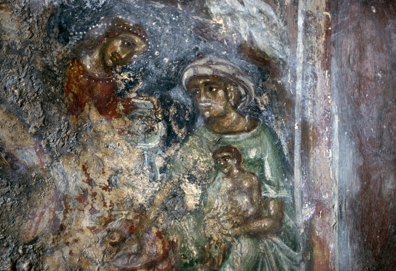 Fresco of Holy Family, Byzantine Church of Ayios Stephanos, Drakona, Crete, Greece by Walter Charles Mills