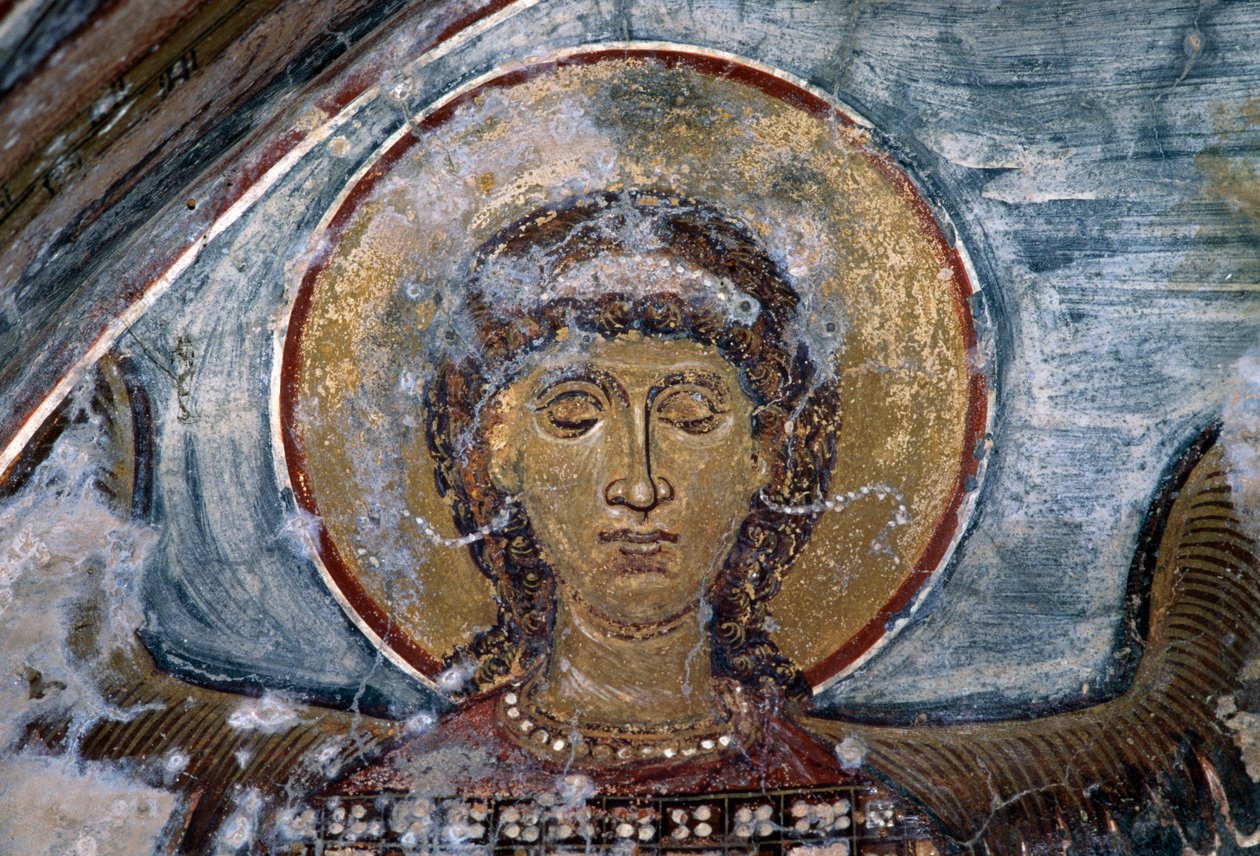 Fresco with Angel in the Byzantine Church of Agios Georgios, Vathi, Crete, Greece by Walter Charles Mills