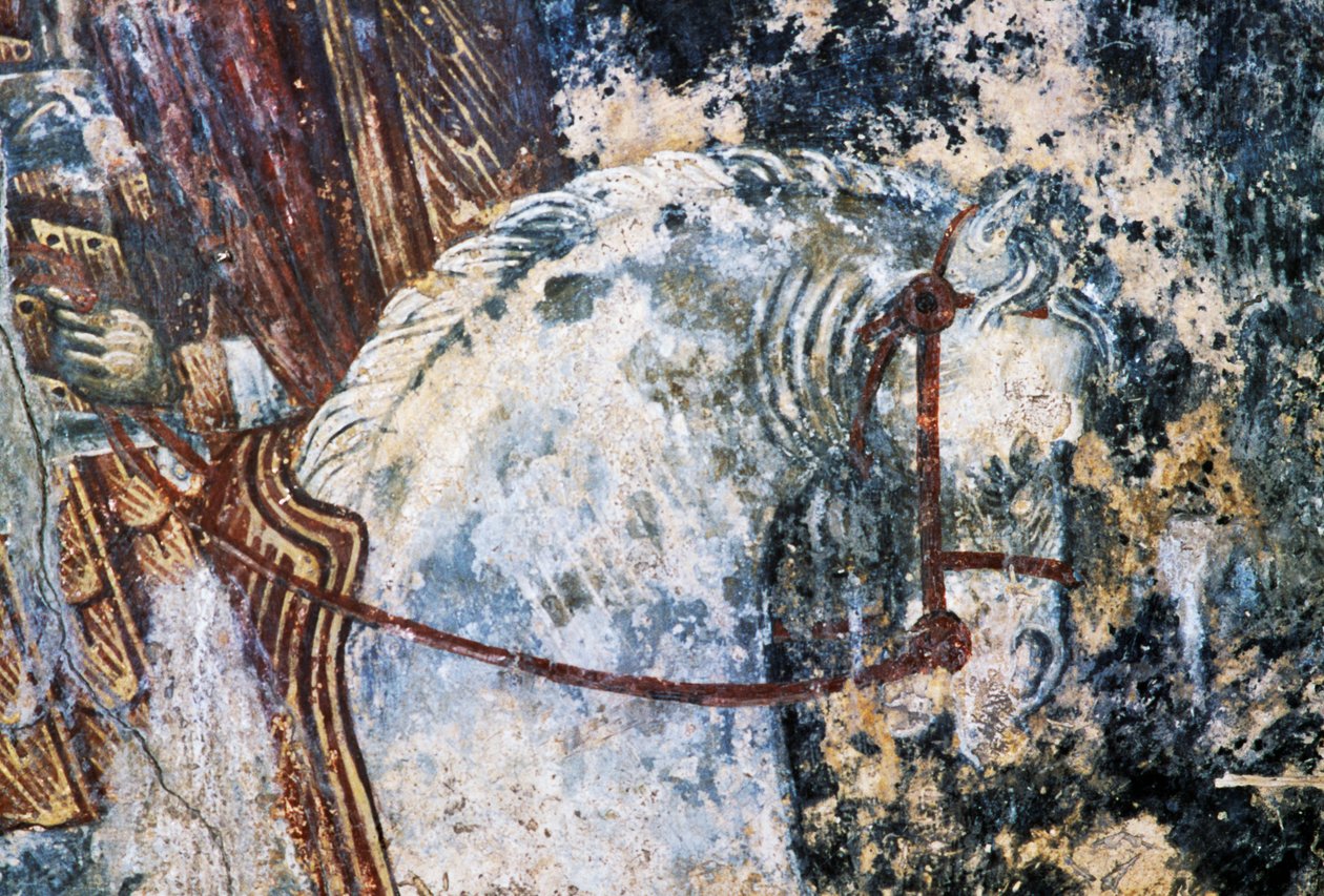 Horse, damaged fresco on ceiling in church of Agios Vasileios, Vavouledo, Crete, Greece by Walter Charles Mills