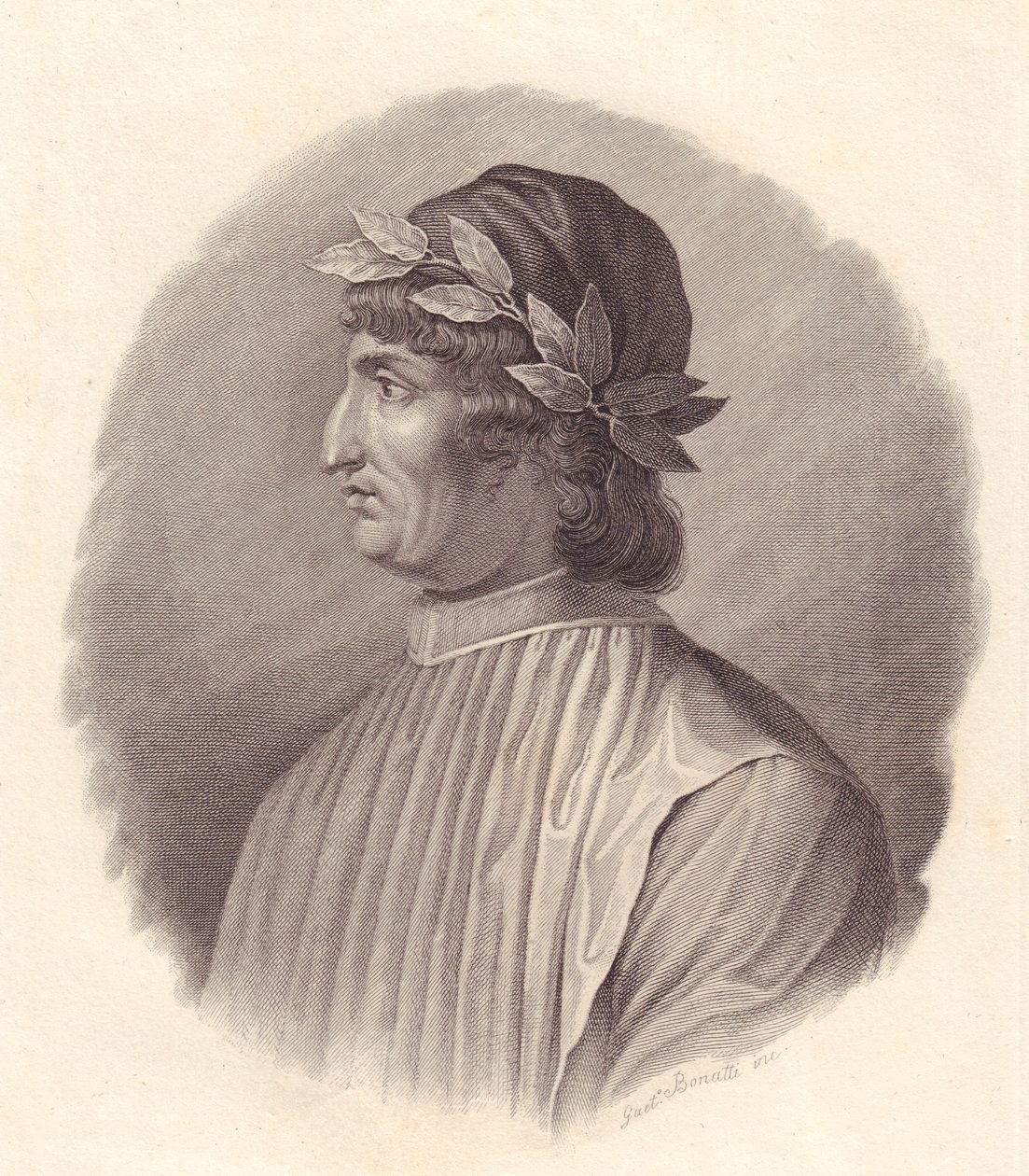Portrait of Italian poet and humanist Angelo Ambrogini also known as Poliziano, copper engraving by G Bonatti by Walter Charles Mills