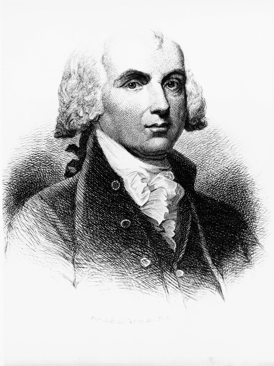 Portrait of James Madison, Founding Father, American politician, 4th President of United States, and one of fathers of Constitution, engraving by Walter Charles Mills