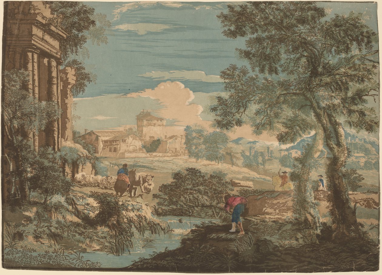 Heroic Landscape with Fisherman, Cows, and Horsemen by John Baptist Jackson after Marco Ricci