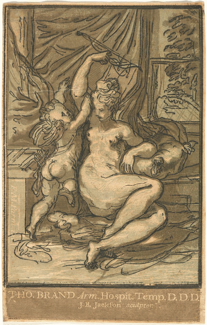 Venus and Cupid with a Bow by John Baptist Jackson, after Parmigianino