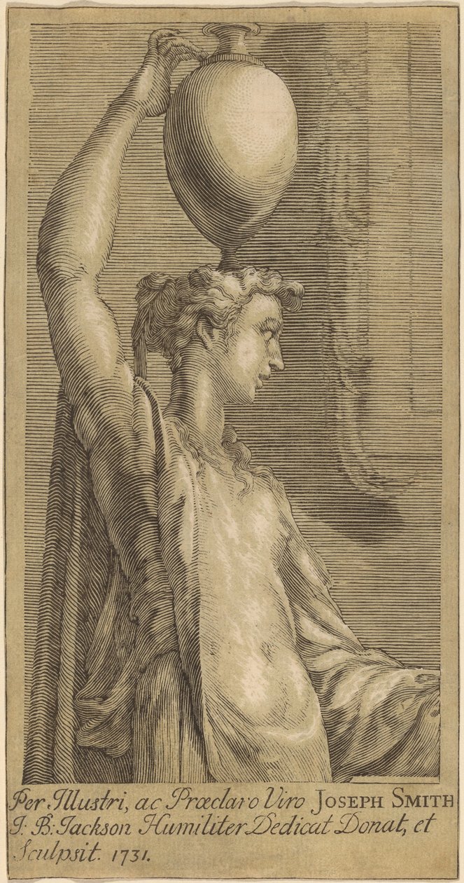 Woman Standing Holding a Jar on the Head by John Baptist Jackson, after Parmigianino