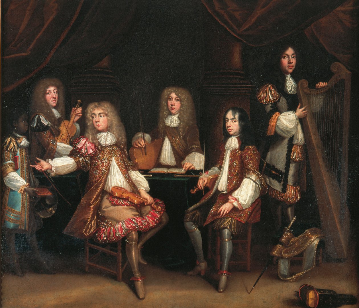 The Crimson Bedchamber, portrait group of gentlemen with musical instruments, traditionally said to depict the Cabal Ministry of King Charles II by John Baptist de Medina